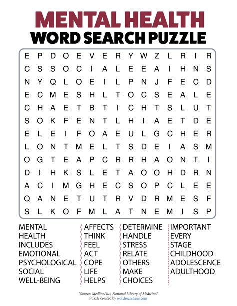 Printable Mental Health Word Search Puzzles